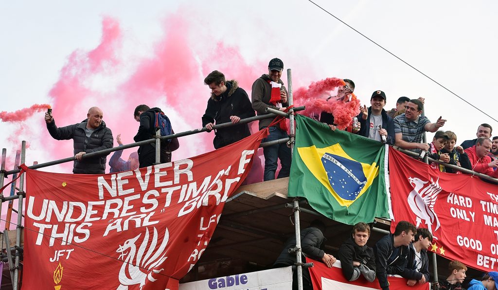 LIVERPOOL, ENGLAND - MAY 05: (THE SUN OUT, THE SUN ON SUNDAY OUT) Fans of Liverpool wait for the team coaches to arrive before during the UEFA Europa League Semi Final: Second Leg match between Liverpool and Villarreal CF at Anfield on May 05, 2016 in Liverpool, England. (Photo by Andrew Powell/Liverpool FC via Getty Images)