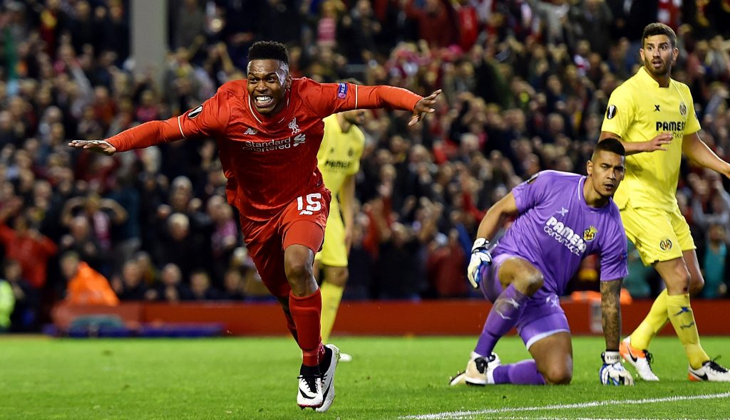 LIVERPOOL, ENGLAND - MAY 05: (THE SUN OUT, THE SUN ON SUNDAY OUT) Daniel Sturridge of Liverpool celebrates after scoring the second during the UEFA Europa League Semi Final: Second Leg match between Liverpool and Villarreal CF at Anfield on May 05, 2016 in Liverpool, England. (Photo by John Powell/Liverpool FC via Getty Images)